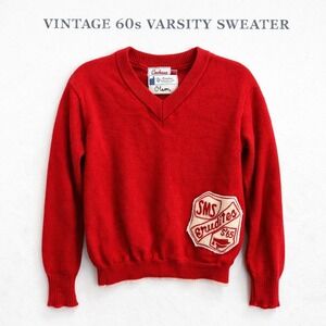 Vintage 60s 100% Virgin Wool Varsity Sweater Red V Neck‎ Campus Classics Olson
